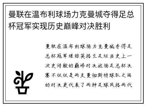 曼联在温布利球场力克曼城夺得足总杯冠军实现历史巅峰对决胜利